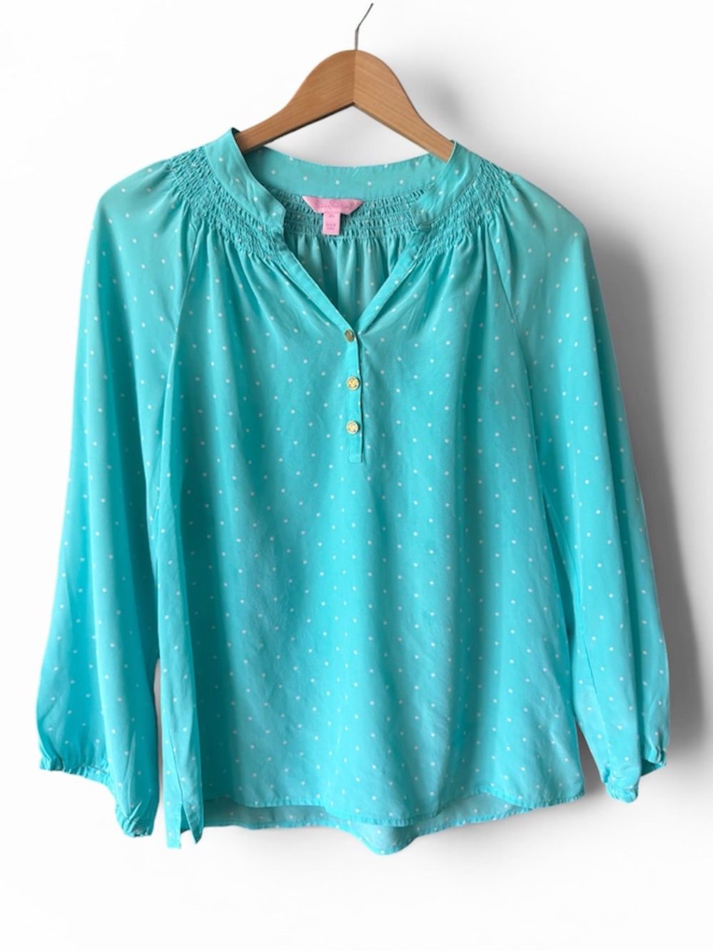 Lilly Pulitzer Elsa 100% Silk Aqua White Polka Dot Smocked Blouse XS